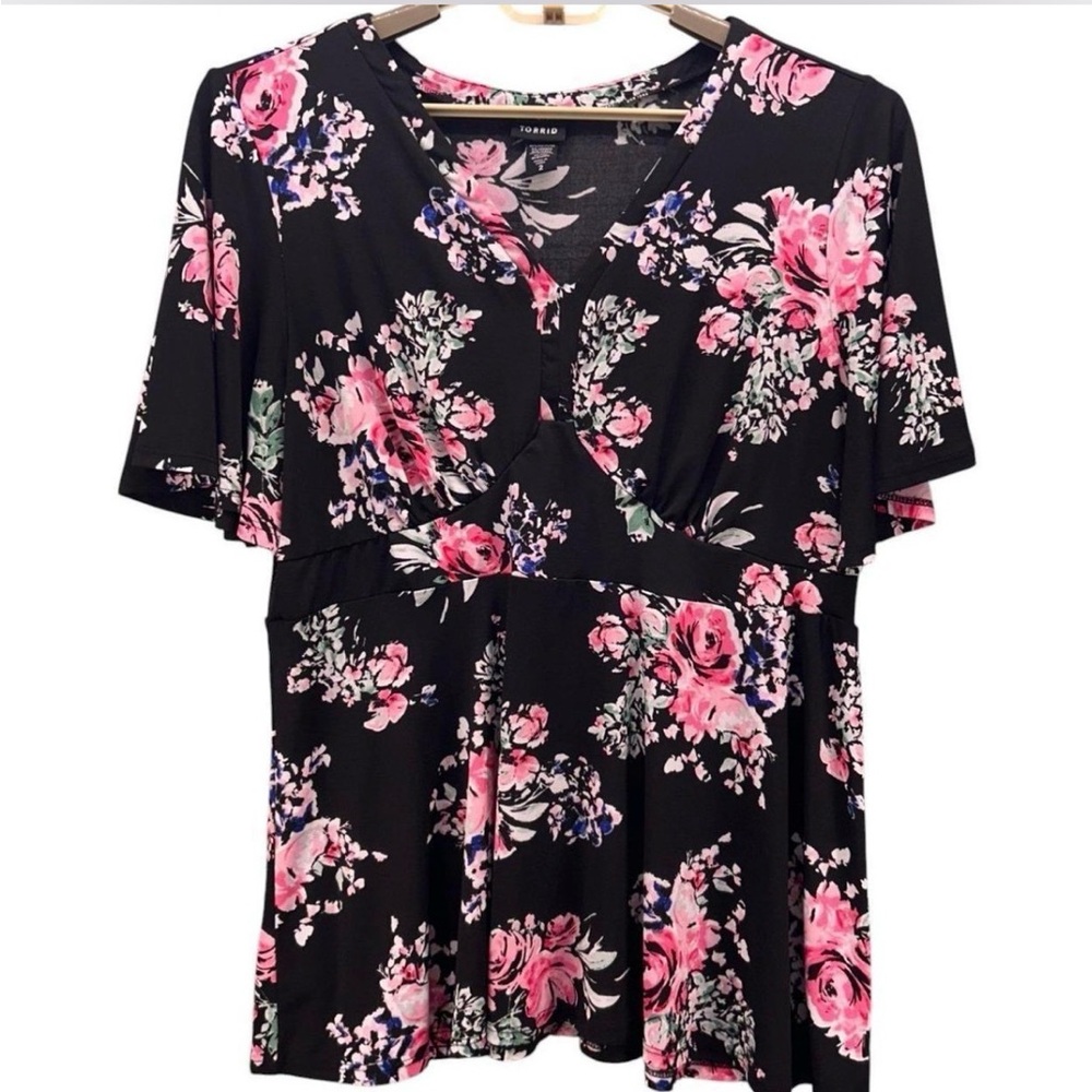 Torrid Black Floral Babydoll V-Neck Short Sleeve Peplum Blouse 4X - Picture 4 of 10